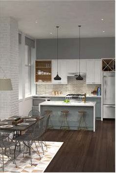 Unit kitchen render with integrated appliance package and cabinetry