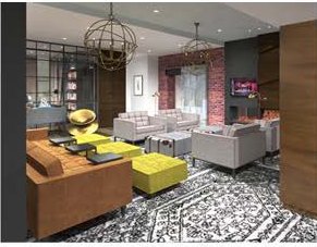 Living area render with wall-mounted display and built-in casework