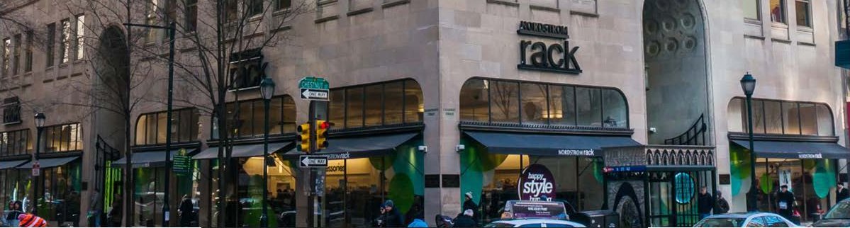 Street elevation of 1700 Chestnut Street, Philadelphia, at the Nordstrom Rack storefront