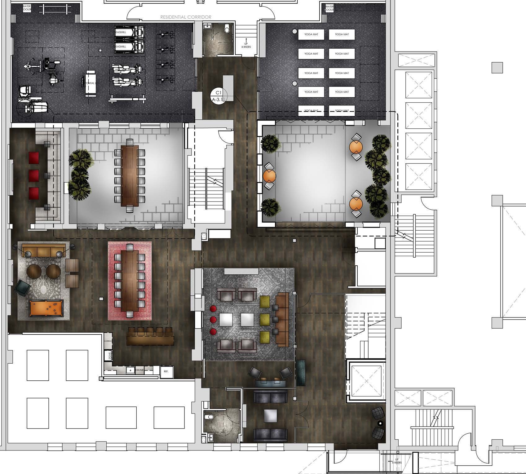 Conceptual amenity floor plan showing fitness room, yoga studio, two conference rooms, game lounge and communal kitchen